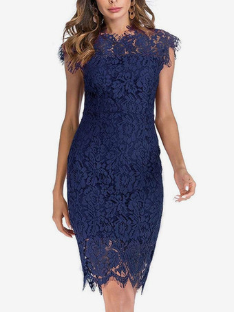 ダークネイビーバースデーボディコンレースドレス ノースリーブデザインネックラインミディシースドレス カジュアルペンシルドレス 2025