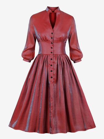 Robe de Vintage 1950s Courte Verni Femme 1950s à Col V avec Manches Mi-longues Coupe Cintrée avec Boutons Bas Evasée Unicolore Robe de Rétro Robe Eté