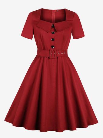 Vestiti Anni 50 monocolore donna maniche corte abiti anni 50 Rosso Scuro  bottoni in pelle collo squadrato cotone Estate Primavera Autunno
