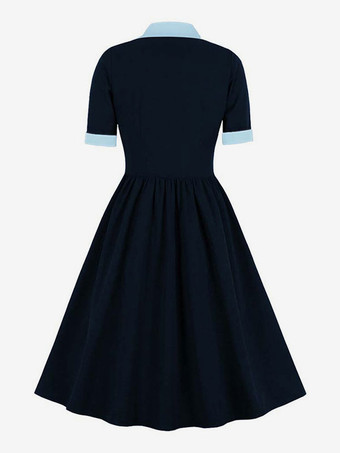 ディープブルーヴィンテージドレス　1950年代オードリー・ヘップバーン風　グリーン　ツートン　半袖　二次会　お呼ばれ　発表会　ロカビリーワンピース
