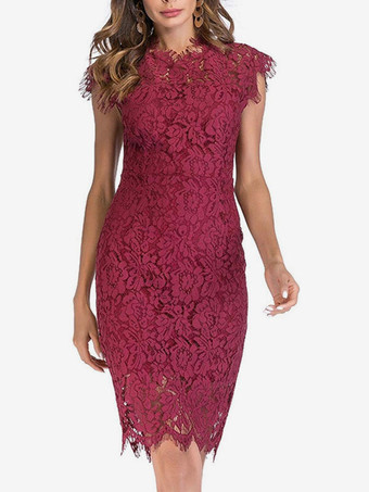 ワインレッド バースデーボディコンレースドレス ノースリーブデザインネックラインミディシースドレス カジュアルペンシルドレス 2025