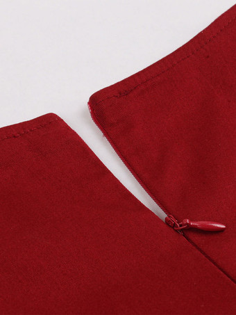 レトロワンピース 無地 ダークレッド ロカビリー 1950年代 ヴィンテージワンピース 半袖 ボタン スクエアネック コットン二次会 発表会 お呼ばれ ファッション