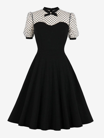 1950s Audrey Hepburn Style Retro Dress Jewel Neck Short Sleeves Medium Two-Tone Black Swing Dress