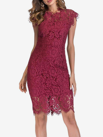 バースデーボディコンレースドレス ノースリーブデザインネックラインミディシースドレス カジュアルペンシルドレス 2025