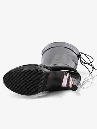 オーバー ニー ブーツ レディース パテント ブライト レザー レース アップ ラウンド トゥ スティレット ヒール ブーツ