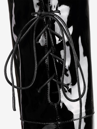 オーバー ニー ブーツ レディース パテント ブライト レザー レース アップ ラウンド トゥ スティレット ヒール ブーツ