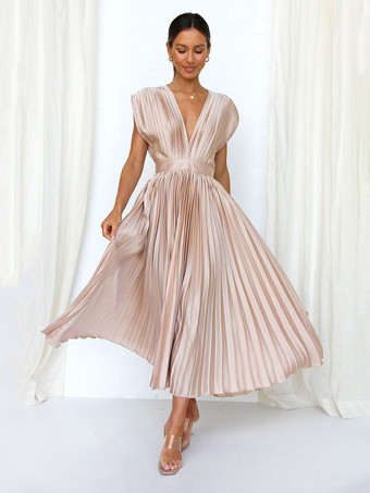 ライト アプリコットミディドレス Vネック ノースリーブ カジュアル オーバーサイズ プリーツ パーティー プロムドレス