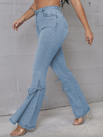 Calça jeans flare para mulher cintura média com cadarço 2024