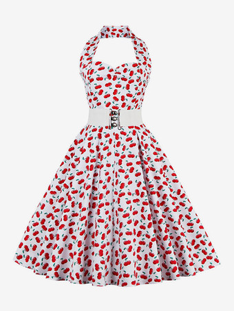 ホワイト レトロワンピース　1950年代オードリー・ヘップバーン風　ノースリーブ　膝丈　水玉　二次会　お呼ばれ　発表会　スイングドレス