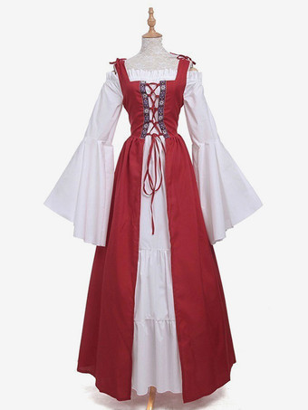 レッド 中世ヴィンテージドレスグリーンレイヤード長袖スイングドレスコスプレコスチュームハロウィン バーガンディ