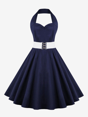 ダークネイビーレトロワンピース　1950年代オードリー・ヘップバーン風　ノースリーブ　膝丈　水玉　二次会　お呼ばれ　発表会　スイングドレス
