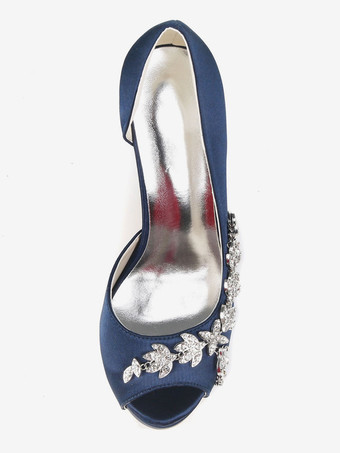 サテンのマザーシューズパープルピープトウラインストーンハイヒールの結婚式の靴