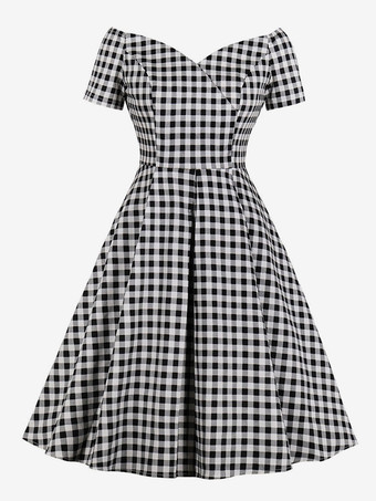 Black Vintage Dress 1950s Audrey Hepburn Style Short Sleeve V Neck Plaid Retro Dresses