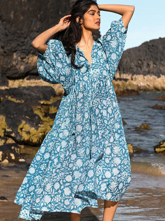 Vestido bohemio de media manga estampado de gran tamaño plisado vestido de verano