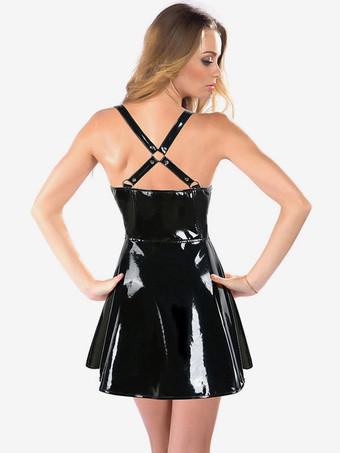 セクシー全身タイツ PVCコスチュームブラックパテントフロントジップウィメンズクラブウェアドレス