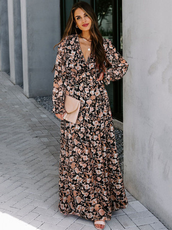 オレンジ 花柄ドレス Vネック ティアードフリルトリム 長袖 ボヘミアン マキシドレス