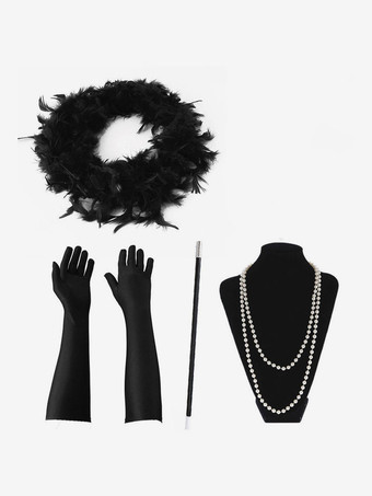 Faschingskostüm 1920er Jahre Mode Great Gatsby Accessoires Flapper Frauen Federn Perlen Halskette Tabakpfeife Handschuhe Set Karneval Kostüm
