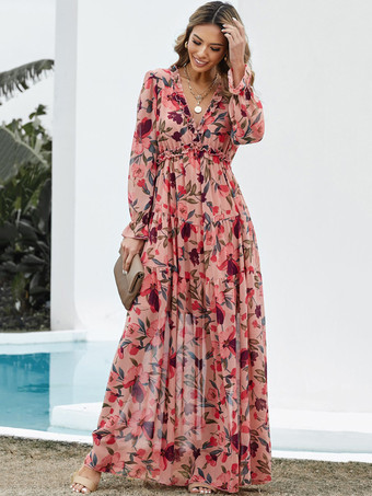 Kleid mit Blumendruck V-Ausschnitt abgestufter Rüschenbesatz lange Ärmel Boho-Maxikleider