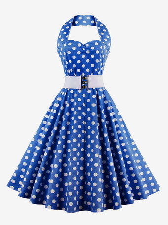 Retro Dress 1950s Audrey Hepburn Style Sleeveless Woman's Knee Length Polka Dot Swing Dress
