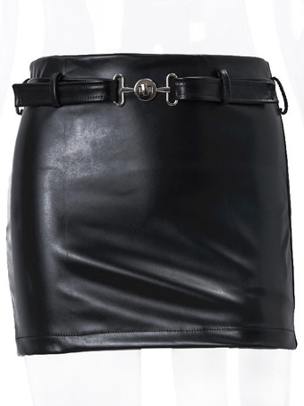 レディース スカート ブラック メタル ディテール PUレザー ショート ローライズ ウエスト レディース ボトムス