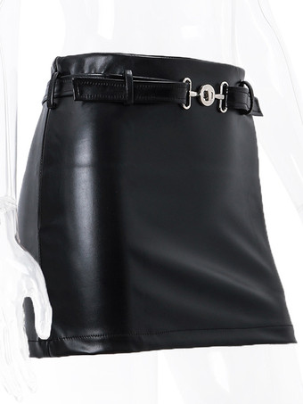レディース スカート ブラック メタル ディテール PUレザー ショート ローライズ ウエスト レディース ボトムス