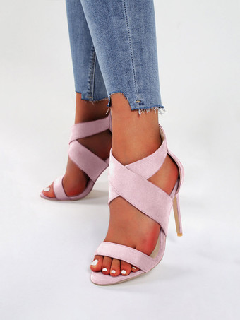 ソフトピンクヒールサンダルオレンジスティレットヒールラウンドトゥマイクロスエードアッパースティレットヒール