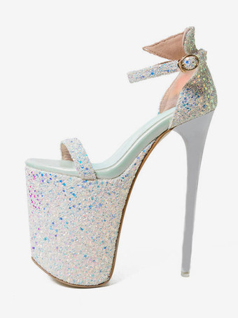 女性のためのセクシーなサンダルピンクスパンコールクロスオープントゥスティレットヒールスパンコールアンクルストラップヒール ポールダンスシューズ