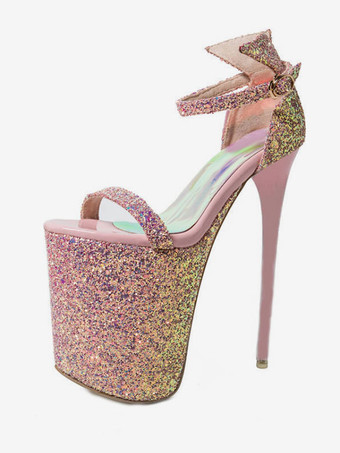 女性のためのセクシーなサンダルピンクスパンコールクロスオープントゥスティレットヒールスパンコールアンクルストラップヒール ポールダンスシューズ