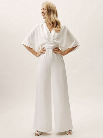 シンプルなウェディングドレス ホワイト ストレッチクレープ VネックハーフスリーブAラインブライダルドレス