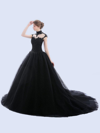 ゴシックブラックのウェディングドレス A ラインノースリーブバックレスレーストレインブライダルガウン無料カスタマイズ