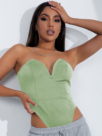 ライトグリーン ノースリーブ ボディスーツ ブラック ストラップレス カジュアル レディース トップ