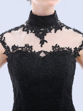 ゴシックブラックのウェディングドレス A ラインノースリーブバックレスレーストレインブライダルガウン無料カスタマイズ