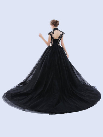 ゴシックブラックのウェディングドレス A ラインノースリーブバックレスレーストレインブライダルガウン無料カスタマイズ