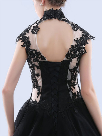 ゴシックブラックのウェディングドレス A ラインノースリーブバックレスレーストレインブライダルガウン無料カスタマイズ