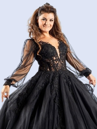 ゴシックブラックのウェディングドレス A ライン長袖レーストレーンブライダルドレス無料カスタマイズ