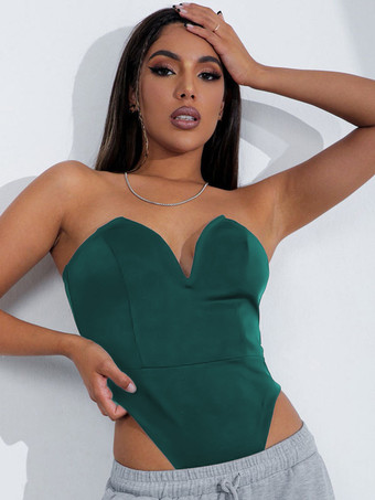 ダークグリーンノースリーブ ボディスーツ ブラック ストラップレス カジュアル レディース トップ