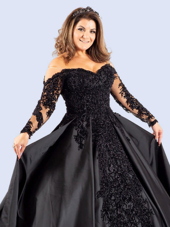 ゴシックブラックのウェディングドレス A ライン長袖レーストレインブライダルガウン無料カスタマイズ