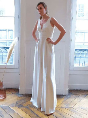 ホワイトのシンプルなウェディングジャンプスーツ ストレッチクレープ Vネック ノースリーブ Aライン ブライダルジャンプスーツ 無料カスタマイズ