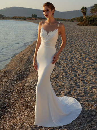 Simple Wedding Dress Satin Fabric V-Neck Sleeveless Lace Mermaid Bridal Gowns Free Customization