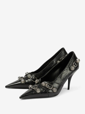 Sapatos de salto alto feminino preto bico fino com detalhe de metal e saltos vintage