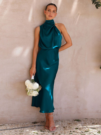 ティールミディパーティードレス ホルター ノースリーブ サテン ブライドメイドドレス