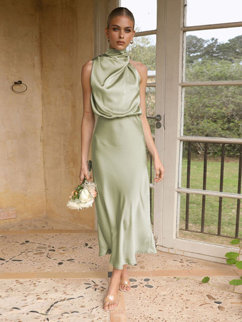 ライトグリーン ミディパーティードレス ホルター ノースリーブ サテン ブライドメイドドレス