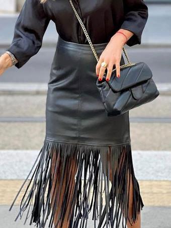 Skirt For Women Black Fringe PU Leather Mid-calf Length Autumn And