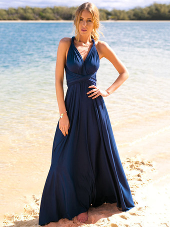 Birthday Sexy Maxi Dress Sleeveless Plunging Neck Backless Solid Color Prom Dress