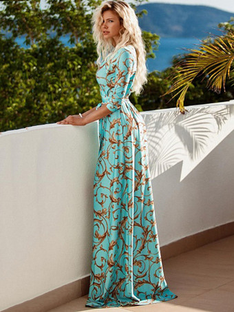 女性マキシドレスプリントハーフスリーブスプリットフロアレングスラップドレス