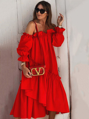 Women Maxi Dresses Long Sleeves Red Bateau Neck Maxi Asymmetrical Floor Length Dress