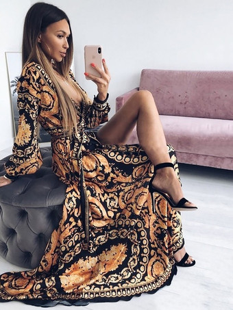 自由奔放に生きるマキシドレス長袖プリントVネックスリットロングドレス女性用