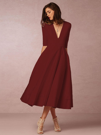 バーガンディープランジミディドレス ハーフスリーブ ポケット Aライン プロムドレス ワインレッド