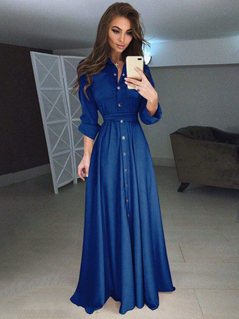 ブルー 女性のマキシドレス高層スタンド襟ボタン長袖床長さシャツドレス