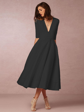 ブラック プランジミディドレス ハーフスリーブ ポケット Aライン プロムドレス ワインレッド